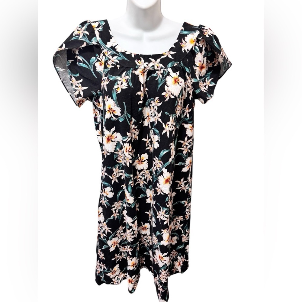 VTG Royal Creations Hawaii Floral Cotton Shift Sz M Black W/Flowers Tropical